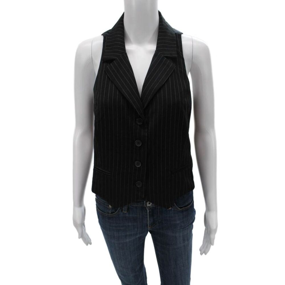 Bianco Unisex Black Striped Collared Suit Vest Sleeveless Polyester Size S
